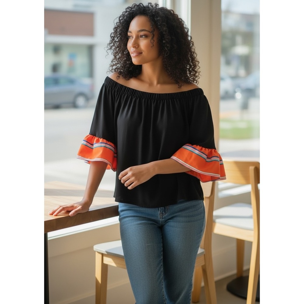 Soft Surroundings Off Shoulder Blouse S Black Orange Stripe Ruffle Sleeve Boho